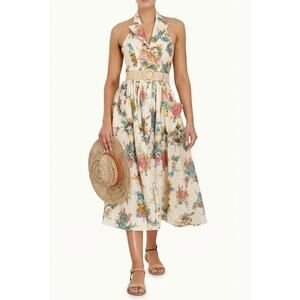 Zimmermann Clover Halter Shirt Linen Floral Print Midi Long Dress, size 3/L